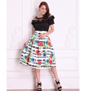 Skirt – White with Floral Design & Stripes Of Black 26