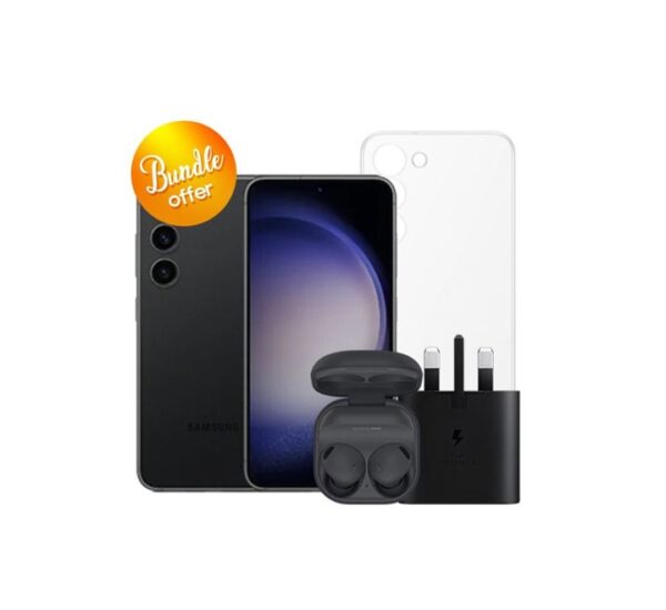 Galaxy-S23-5G-128GB-Galaxy-Buds2-Pro-25W-Adapter-Clear-Case-Screen-Protector-Bundle-Offer-Black