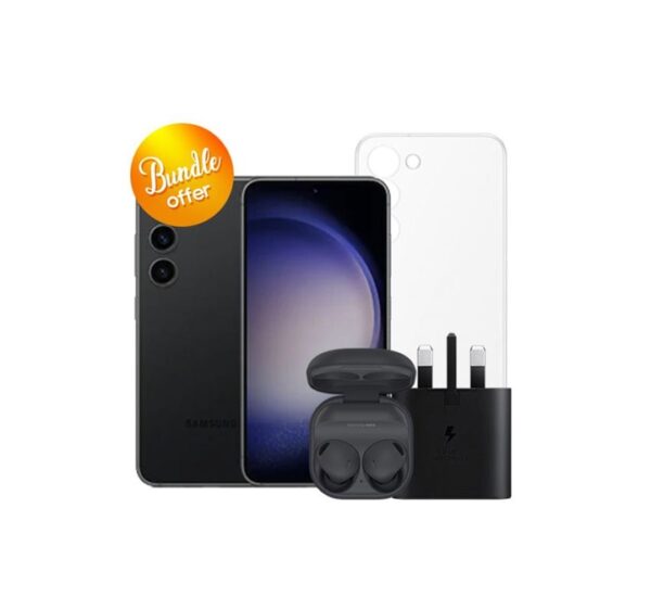 Galaxy-S23-5G-256GB-Galaxy-Buds2-Pro-25W-Adapter-Clear-Case-Screen-Protector-Bundle-Offer-Black