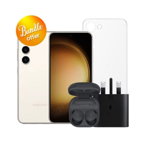 Galaxy-S23-5G-256GB-Galaxy-Buds2-Pro-25W-Adapter-Clear-Case-Screen-Protector-Bundle-Offer-Cream