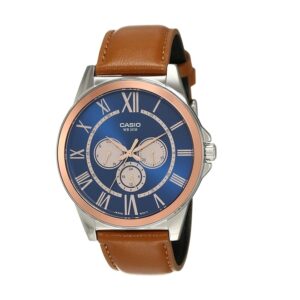 Casio-MTP-E318L-2BVDF-Men-s-Watch-Analog-Blue-Rose-Gold-Dial-Brown-Leather-Band