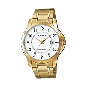 Casio-MTP-V004G-7BUDF-Men-s-Watch-Analog-White-Dial-Gold-Stainless-Band