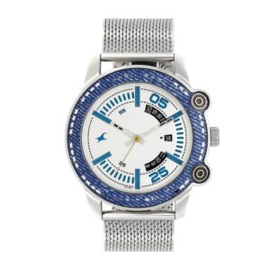 Fastrack-3188KM01-Mens-Analog-Watch-White-Blue-Dial-Stainless-Steel-Mesh-Strap