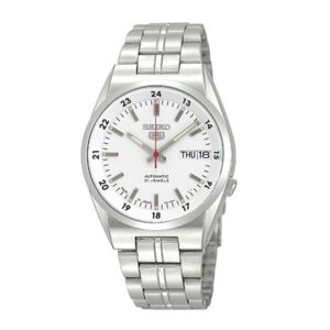 Seiko-SNK559J-Men-s-Mechanical-Watch-Analog-White-Dial-Silver-Stainless-Band