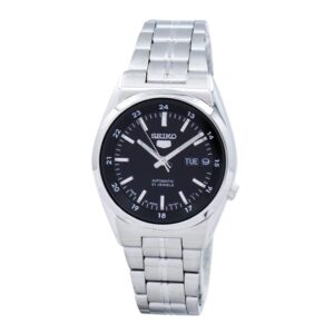 Seiko-SNK567J-Men-s-Mechanical-Watch-Analog-Black-Dial-Silver-Stainless-Band