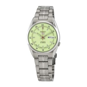 Seiko-SNK573J-Men-s-Mechanical-Watch-Analog-Green-Luminous-Dial-Silver-Stainless-Band