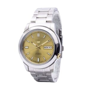Seiko-SNKK13J-Mens-Mechanical-Watch-Analog-Gold-Dial-Silver-Stainless-Band