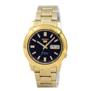 Seiko-SNKK22J-Mens-Mechanical-Watch-Analog-Black-Dial-Gold-Stainless-Band