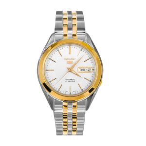 Seiko-SNKL24J-Mens-Mechanical-Watch-Analog-White-Dial-Silver-Gold-Stainless-Band