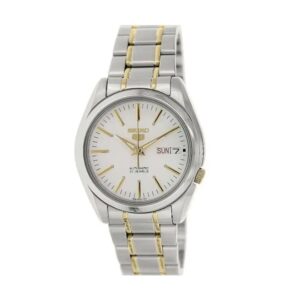 Seiko-SNKL47J-Mens-Mechanical-Watch-Analog-White-Dial-Silver-Gold-Stainless-Band