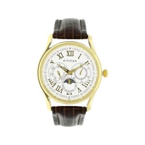 Titan-1487YL01-Mens-Watch-Classique-Collection-Analog-White-Dial-Brown-Leather-Band