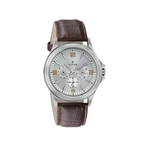 Titan-1698SL01-Mens-Watch-Classique-Collection-Analog-White-Dial-Brown-Leather-Band