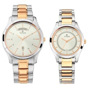 Titan-1767KM01P-Couples-Watch-Classique-Collection-Analog-White-Dial-Silver-Gold-Stainless-Band