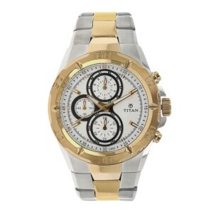 Titan-9308BM01-Mens-Watch-Octane-Collection-Analog-White-Black-Dial-Silver-Gold-Stainless-Band