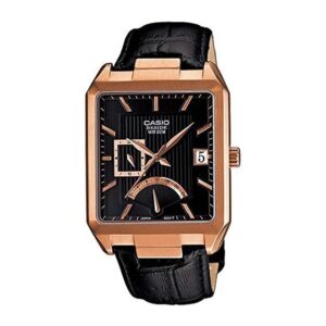 Casio-BEM-309GL-1AVDF-Mens-Watch-Beside-Collection-Analog-Black-Rose-Gold-Dial-Black-Leather-Band