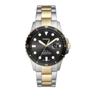 Fossil-FW-FS5653-Mens-Watch-Analog-FB-01-Black-Dial-Silver-Gold-Stainless-Steel-Band