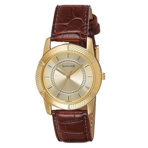 Sonata-7100YL01-Mens-Champagne-Dial-Brown-Leather-Strap-Watch