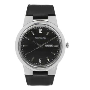 Sonata-7121SL02-Mens-Black-Dial-Black-Leather-Strap-Watch