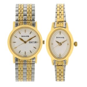 Sonata-7125BM01P-White-Dial-Silver-Gold-Stainless-Steel-Strap-Pair-Watch