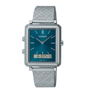 Casio-MTP-B205M-3EDF-Analog-and-Digital-Dual-Time-Mens-Watch-Teal-Dial-Silver-Stainless-Steel-Mesh-Band