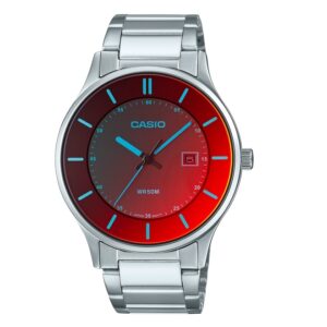 Casio-MTP-E605D-1E-Mens-Watch-Analog-Red-Dial-Silver-Stainless-Steel-Band