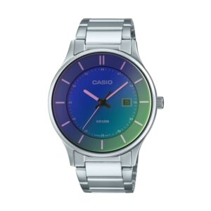 Casio-MTP-E605D-2E-Mens-Watch-Analog-Blue-Green-Dial-Silver-Stainless-Steel-Band