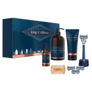 King-C-Gillette-Complete-Beard-Grooming-Kit-for-Men-Beard-Face-Wash-Beard-Oil-Neck-Razor-3-Replacement-Carts-Comb-Razor-Stand