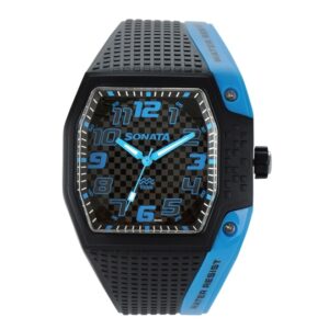 Sonata-77012PP02-Mens-Black-Dial-Black-Blue-Rubber-Strap-Watch