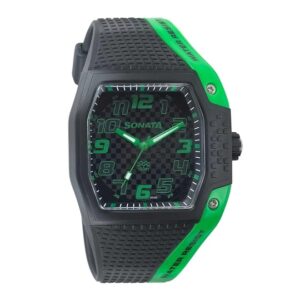 Sonata-77012PP03-Mens-Analog-Black-Dial-Black-Green-Rubber-Strap-Watch
