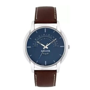 Sonata-77031SL01-Mens-Reloaded-Blue-Dial-Brown-Leather-Strap-Watch