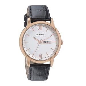 Sonata-77031WL04-Mens-Beyond-Gold-White-Dial-Black-Leather-Strap-Watch