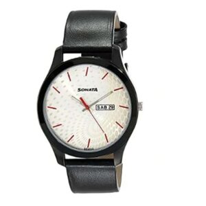 Sonata-7703WL02P-Mens-Silver-Dial-Black-Leather-Strap-Watch