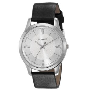 Sonata-77063SL01-Mens-Silver-Dial-Black-Leather-Strap-Watch
