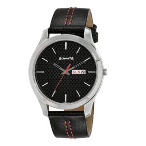 Sonata-77063SL06-Mens-NXT-Black-Dial-Black-Leather-Strap-Watch