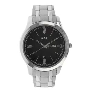 Sonata-77063SM01-Mens-Black-Dial-Silver-Stainless-Steel-Strap-Watch