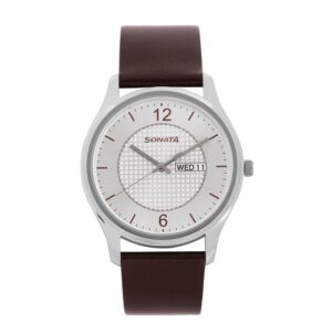 Sonata-77082SL02-Mens-Essentials-Silver-Dial-Brown-Leather-Strap-Watch