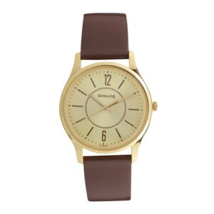 Sonata-77082YL01-Mens-Essentials-Champagne-Dial-Brown-Leather-Strap-Watch