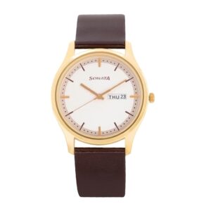 Sonata-77082YL03-Mens-Essentials-White-Dial-Brown-Leather-Strap-Watch