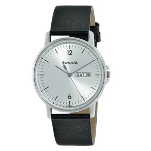 Sonata-77083SL02-Mens-Essentials-Silver-Dial-Black-Leather-Strap-Watch