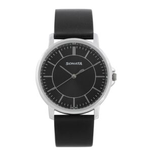 Sonata-77083SL05-Mens-Essentials-Black-Dial-Black-Leather-Strap-Watch