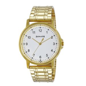 Sonata-77083YM01-Mens-Essentials-White-Dial-Gold-Stainless-Steel-Strap-Watch