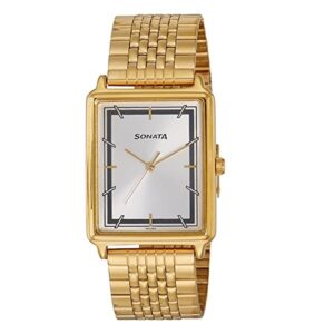 Sonata-77084YM02-Mens-Essentials-Silver-Dial-Gold-Stainless-Steel-Strap-Watch