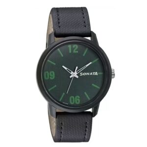 Sonata-77085PL04-Mens-Volt+-Green-Dial-Black-Leather-Strap-Watch
