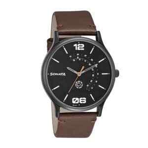 Sonata-77105NL01-Mens-RPM-Black-Dial-Brown-Leather-Strap-Watch