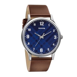 Sonata-77105SL03-Mens-Smart-Plaid-In-Blue-Dial-Brown-Leather-Strap-Watch