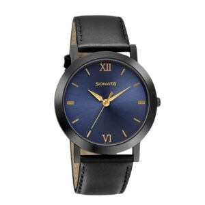 Sonata-77108NL01-Mens-Beyond-Gold-Blue-Dial-Black-Leather-Strap-Watch