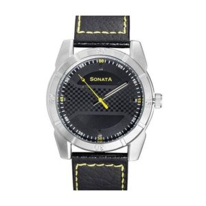 Sonata-7968SL02-Mens-Black-Dial-Black-Leather-Strap-Watch-Silver-Case