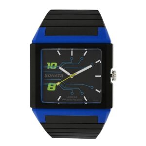 Sonata-7988PP03-Mens-Ocean-Series-Black-Dial-Black-Plastic-Strap-Watch-Blue-Case