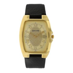 Sonata-7998YL01-Mens-Champagne-Dial-Black-Leather-Strap-Watch