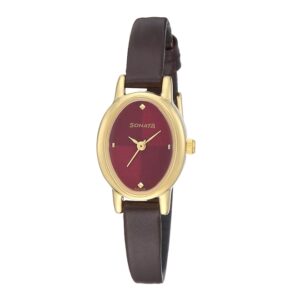 Sonata-8100YL03-WoMens-Red-Dial-Brown-Leather-Strap-Watch